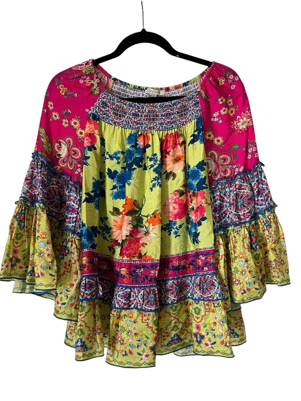 John Mark Boho Floral Patchwork Peasant Blouse Bell Sleeve Tunic Top S Peasant - Picture 2 of 6